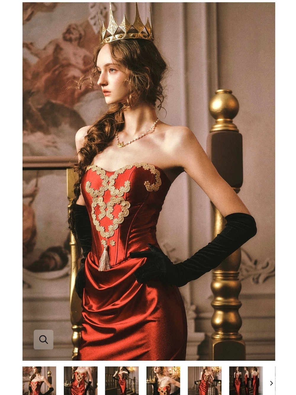 Lacemade Queen Heart Red Strapless Satin Evening Dress with Gold Embroidery
